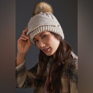 Anthropologie Cream Knit Beanie with Brown Pom-Pom